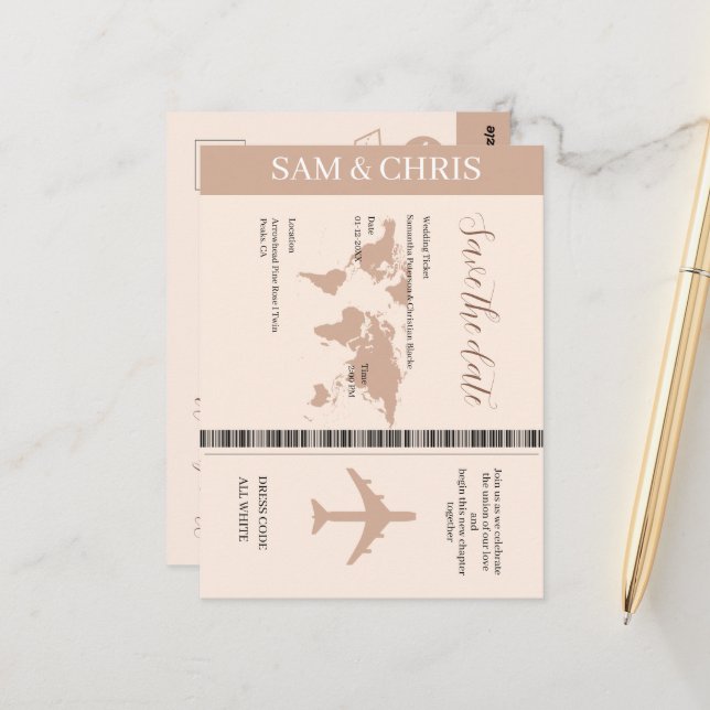 Pink Salmon Boarding Pass World Map Travel Postkarte (Vorderseite/Rückseite Beispiel)