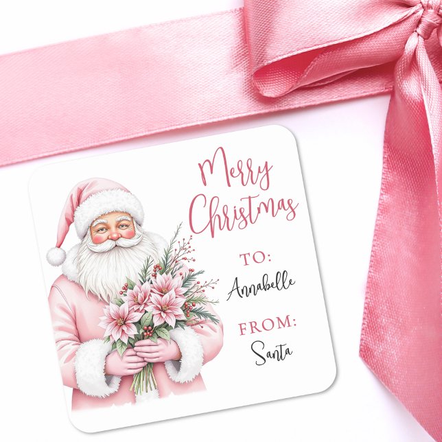 Pink Santa Christmas Gift Tag Sticker (Pink Santa Merry Christmas Gift Tag Sticker)