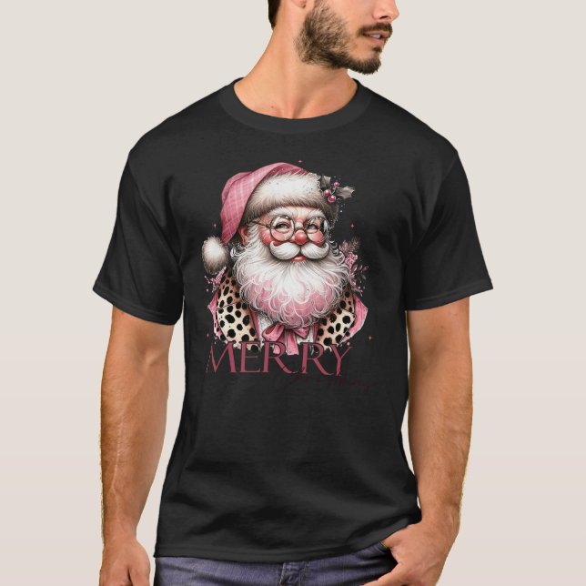 Pink Santa Leopard Animal Print Girly Merry Christ T-Shirt (Vorderseite)