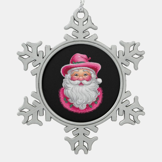 Pink Santa Retro Weihnachten Matching Family Party Schneeflocken Zinn-Ornament (Vorderseite)