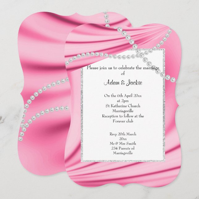 PINK SATIN, DIAMONDS & PEARLS ELEGANT WEDD 2 EINLADUNG (Vorne/Hinten)
