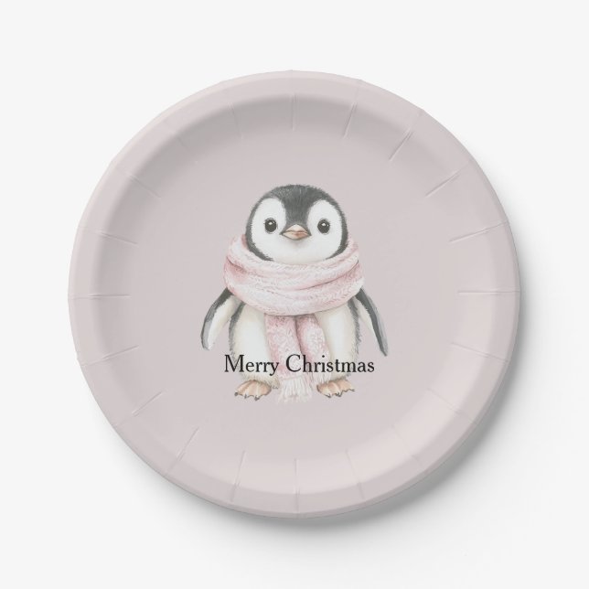 Pink Scarf Penguin Christmas Pappteller (Vorderseite)