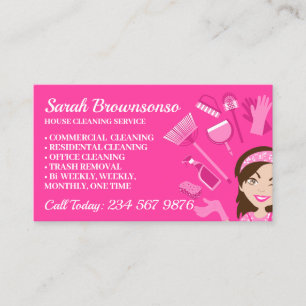 Pink Scheme Janitorial Lady Cartoon House Reinigun Visitenkarte