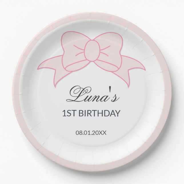 Pink Schleife Mädchen Kinder 1. Geburtstag  Pappteller (Vorderseite)