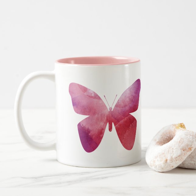 Pink-Schmetterling-Freiheit whimsissig Zweifarbige Tasse (Mit Donut)