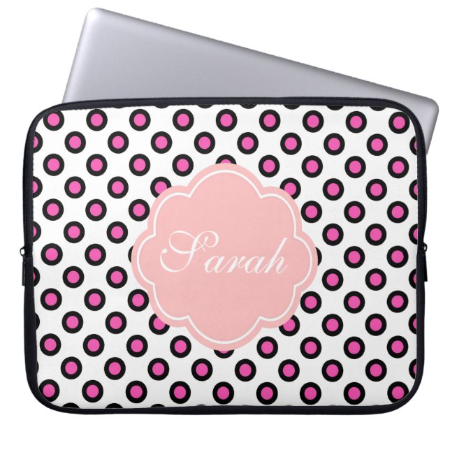 Pink-schwarz-Kreis-Polka-Punkte-Monogramm Laptopschutzhülle (Vorderseite)