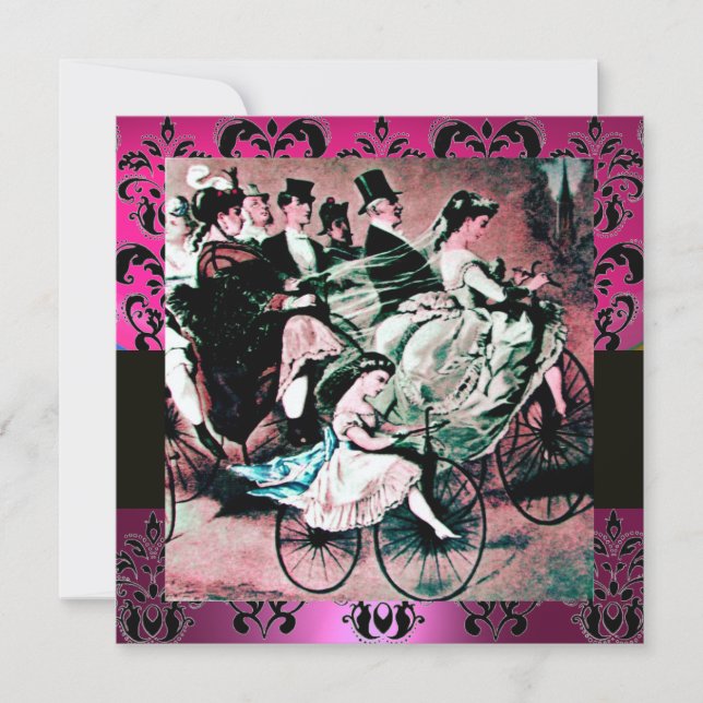 PINK, SCHWARZ, LILA DAMASK-MONOGRAMM, weiß, fuchsi Einladung (Vorderseite)