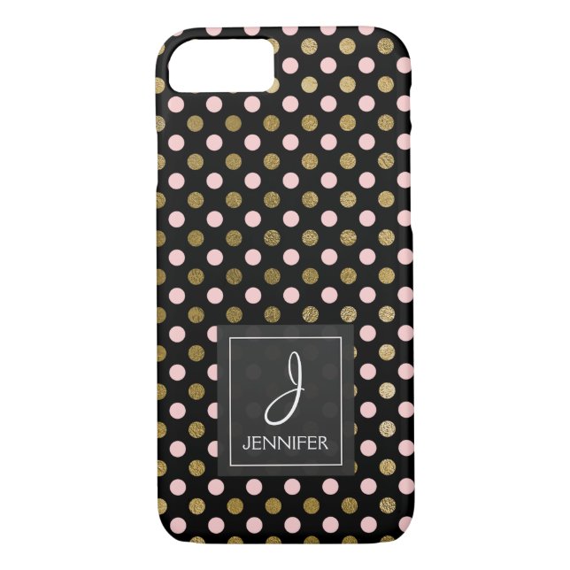 Pink, Schwarz und Gold Foil Polka Dot Monogramm Case-Mate iPhone Hülle (Rückseite)