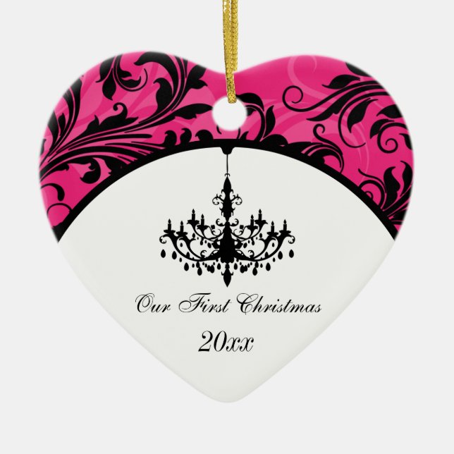 Pink Schwarz-weiß Chandelier Scroll 1. Weihnachten Keramikornament (Vorne)