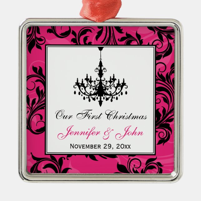 Pink Schwarz-weiß Chandelier Scroll 1. Weihnachten Ornament Aus Metall (Vorne)