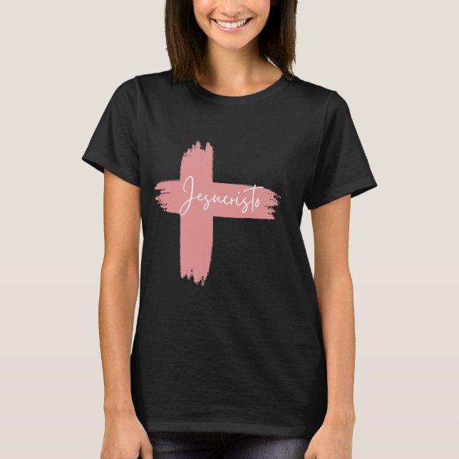 Pink Schwarz-weiß Cross Jesucristo T-Shirt (Vorderseite)
