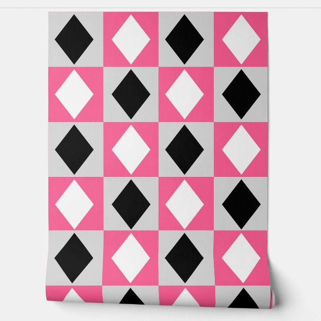 Pink Schwarz-weiß Diamond Rhombus Tapete (Abrollen)
