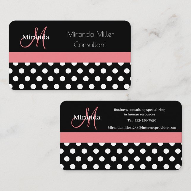 Pink Schwarz-weiß Polka Dot Monogram Business Card Visitenkarte (Vorne/Hinten)