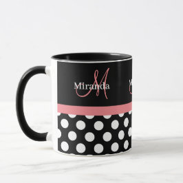 Pink Schwarz-weiß Polka Dot Monogram Kaffee Tasse