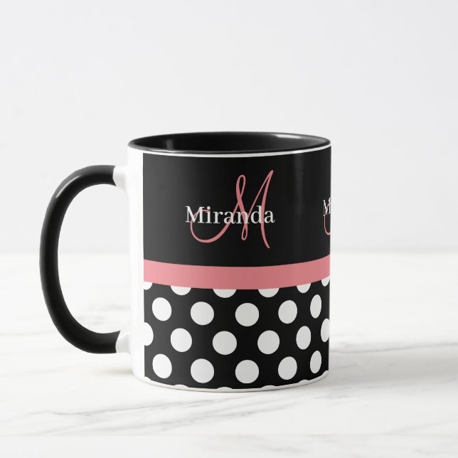 Pink Schwarz-weiß Polka Dot Monogram Kaffee Tasse (Links)