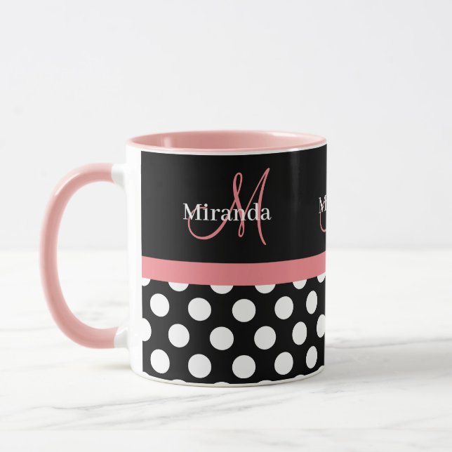 Pink Schwarz-weiß Polka Dot Monogram Kaffee Tasse (Links)