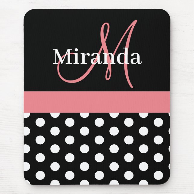Pink Schwarz-weiß Polka Dot Monogram Mouse Pad Mousepad (Vorne)