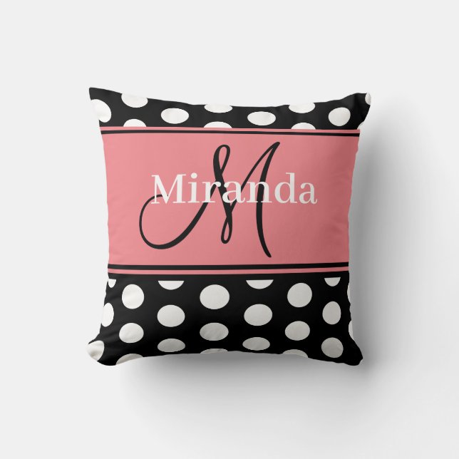 Pink Schwarz-weiß Polka Dots Monogram Script Kissen (Vorderseite)