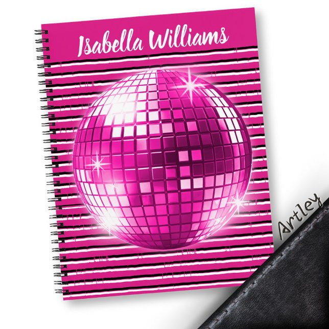 Pink Schwarz-weiß Stripe Disco Ball Spiralnotebook Notizbuch (Von Creator hochgeladen)