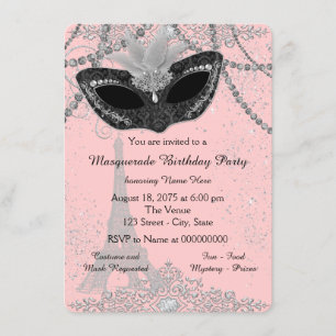 Pink-Schwarze Pariser Maskenparty Einladung