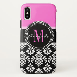 Pink-schwarzer Damast-Monogramm-Name iPhone X Hülle