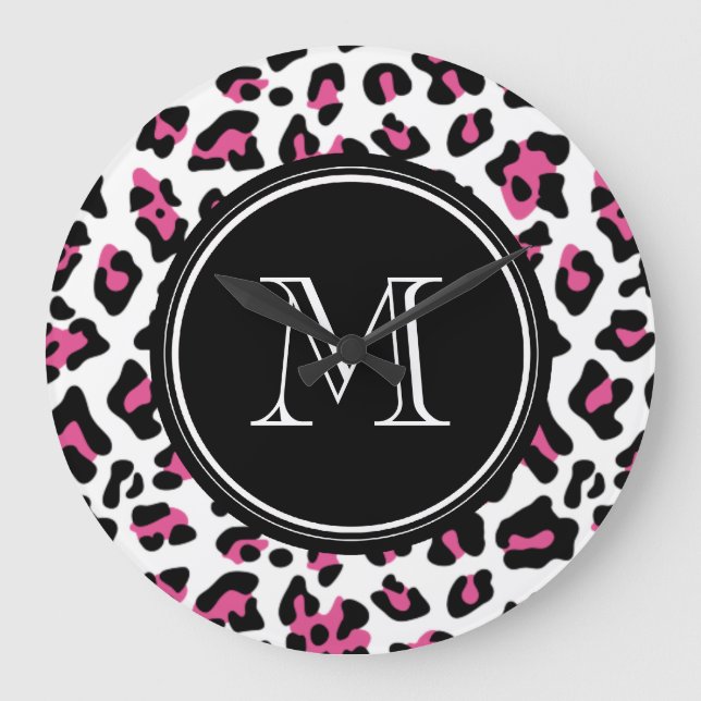 Pink-schwarzer Leopard-Tierdruck mit Monogramm Große Wanduhr (Vorderseite)