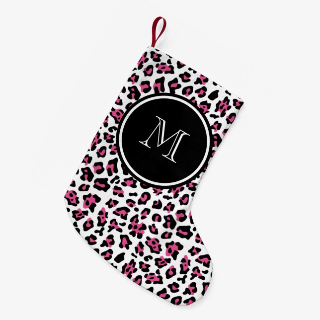 Pink-schwarzer Leopard-Tierdruck mit Monogramm Kleiner Weihnachtsstrumpf (Vorderansicht (hängend))