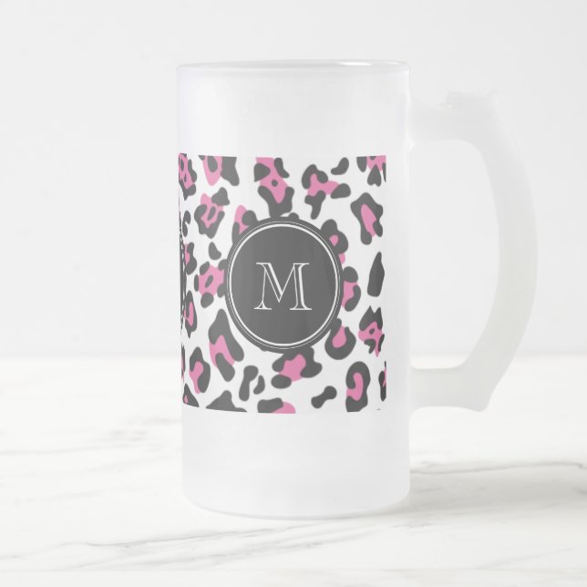 Pink-schwarzer Leopard-Tierdruck mit Monogramm Mattglas Bierglas (Rechts)