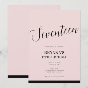 Pink Schwarzes modernes minimal Schrift Seventeen  Einladung