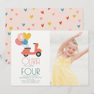 Pink Scooter Balloons Girl Birthday Foto Einladung