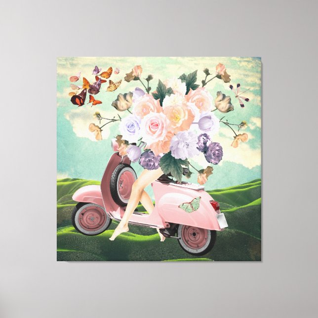 Pink Scooter-Beine Bouquet & Sky Retro Collage Leinwanddruck (Vorderseite)