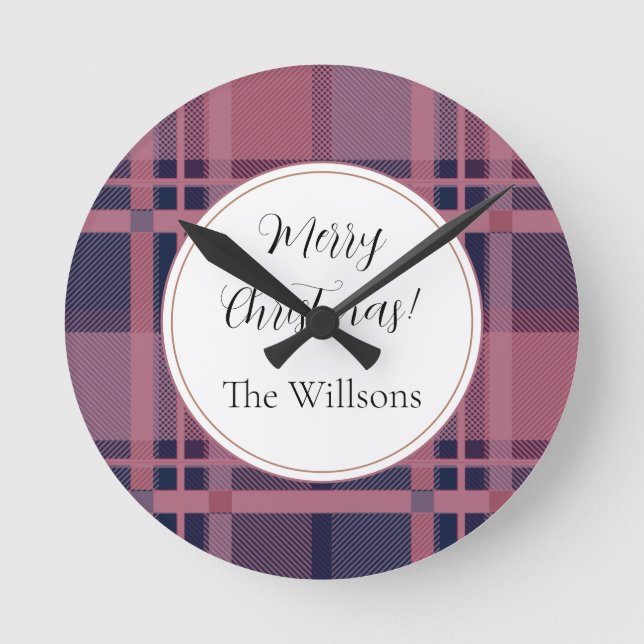 Pink Scottish Lady Tartan Pattern Merry Christmas Runde Wanduhr (Vorderseite)