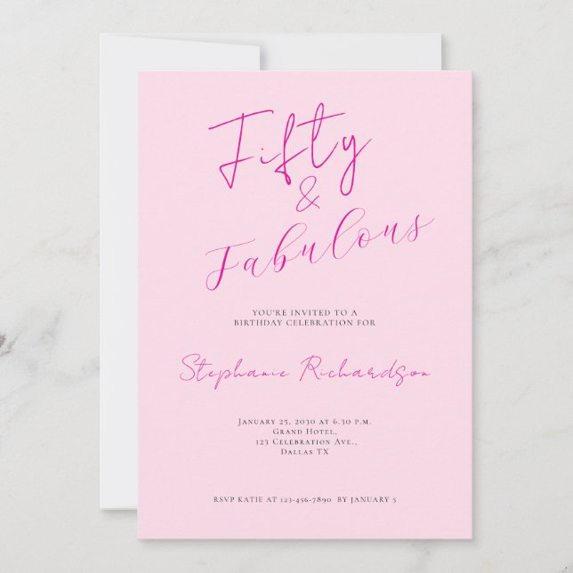 Pink Script Fifty and Fabulous 50th Birthday Party Einladung (Vorderseite)