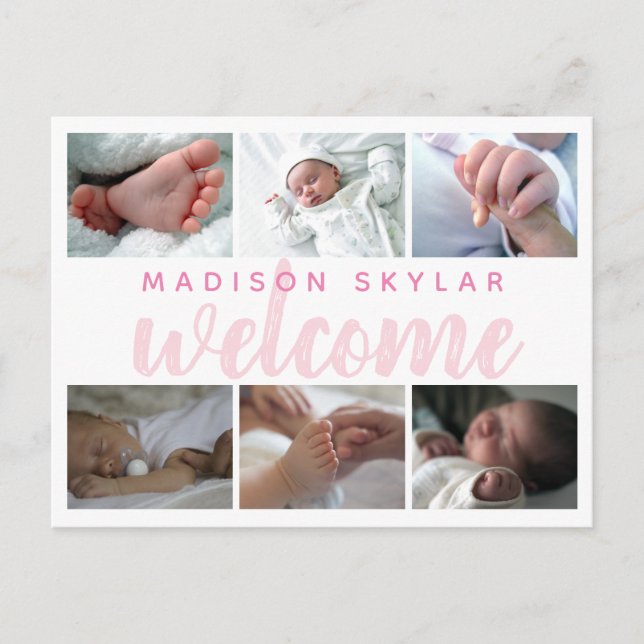 Pink Script Typografie Willkommen 6 Foto Collage Ankündigungspostkarte (Vorderseite)