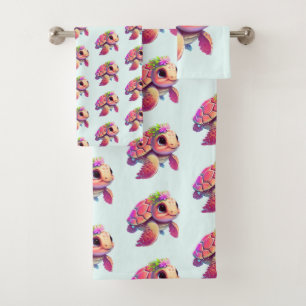 Pink Sea Turtle Whimsical & Niedlich Gemustert Badhandtuch Set