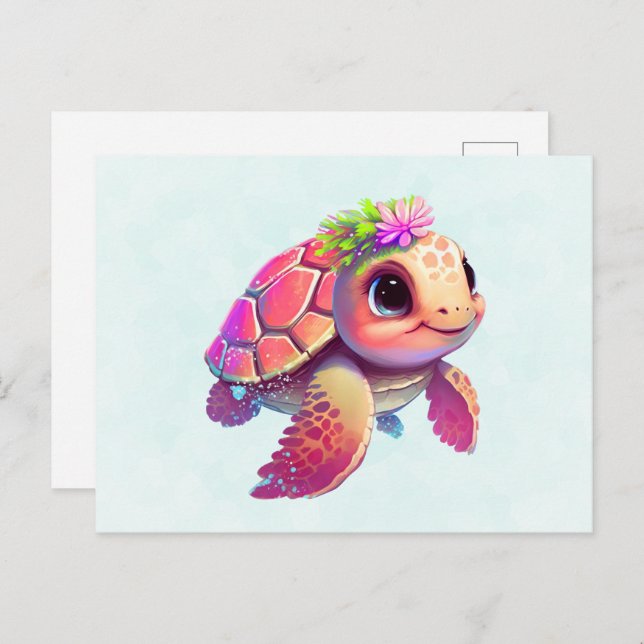 Pink Sea Turtle Whimsical & Niedlich Postkarte (Vorne/Hinten)