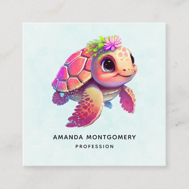 Pink Sea Turtle Whimsical & Niedlich Quadratische Visitenkarte (Vorderseite)