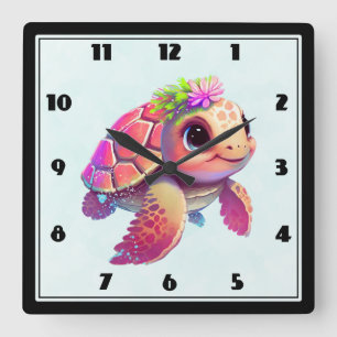 Pink Sea Turtle Whimsical & Niedlich Quadratische Wanduhr