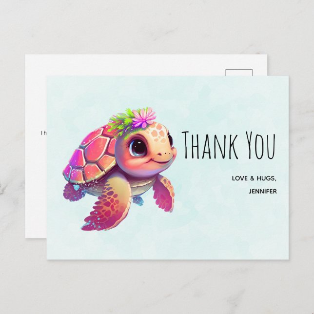 Pink Sea Turtle Whimsical & Niedlich Vielen Dank Postkarte (Vorne/Hinten)