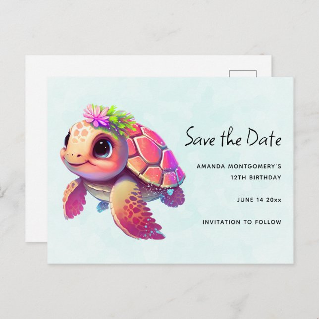 Pink Sea Turtle Whimsisic & Niedlich Save the Date Einladungspostkarte (Vorne/Hinten)