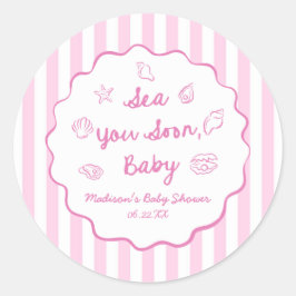Pink Sea You Soon Baby Coastal Baby Shower Runder Aufkleber