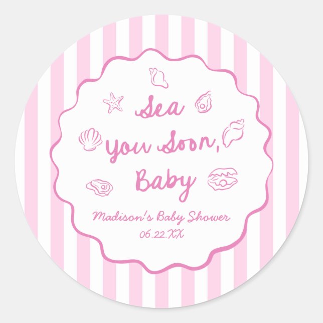 Pink Sea You Soon Baby Coastal Baby Shower Runder Aufkleber (Vorderseite)