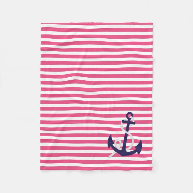 Pink-Seestreifen mit Marine-Blau-Anker Fleecedecke (Vorderseite)