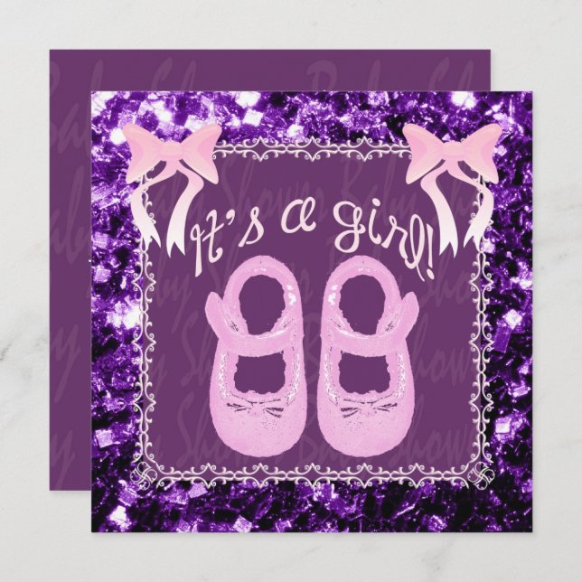 Pink seine Lila Glitzern Babydusche einladen Einladung (Vorne/Hinten)
