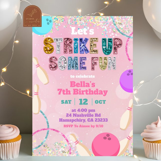 Pink Sequin Glitter Bowling Party Invitation Einladung (Von Creator hochgeladen)