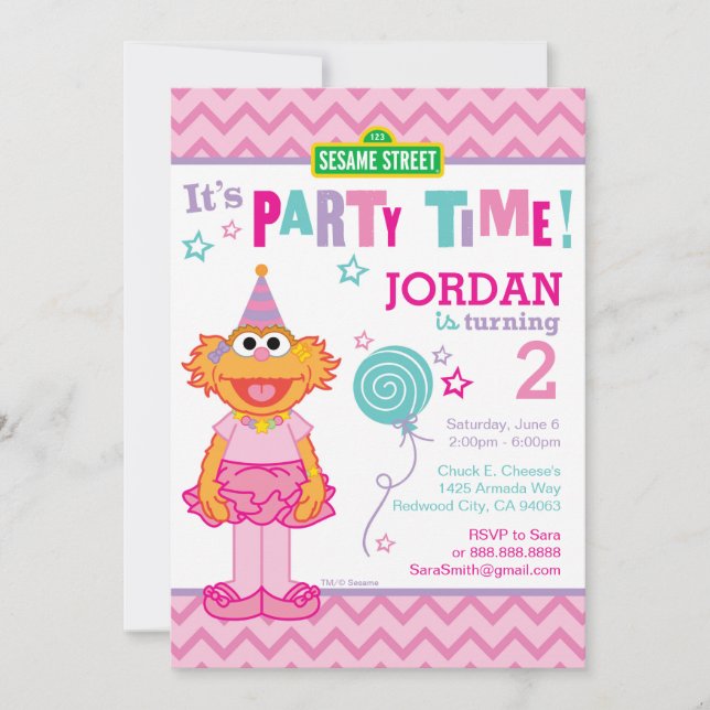 Pink Sesame Street Zoe Birthday Einladung (Vorderseite)