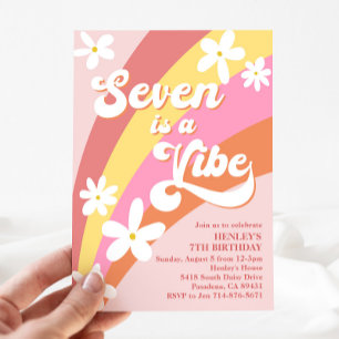 Pink Seven is a Vibe Retro Daisy Rainbow Birthday Einladung