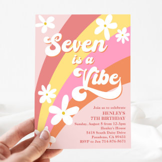 Pink Seven is a Vibe Retro Daisy Rainbow Birthday Einladung
