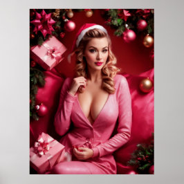 Pink Sexy Christmas Pinup Lady Poster