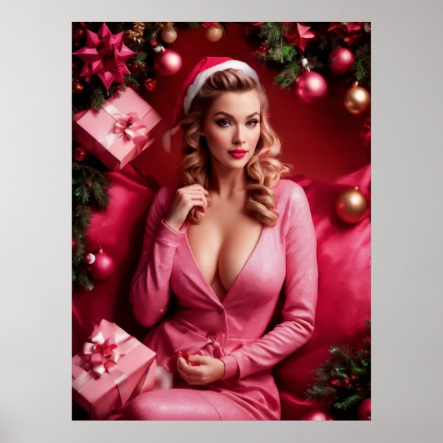 Pink Sexy Christmas Pinup Lady Poster (Vorne)
